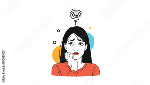 Stressed or confused young woman with a hand on her chin and a dizzy swirl symbol over her head reflecting anxiety.