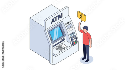 Isometric illustration of a man using an automated teller machine or ATM to withdraw money with a currency symbol bubble.