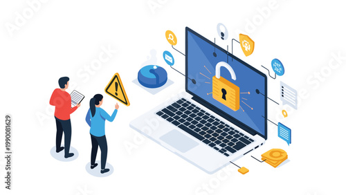 Isometric conceptual illustration of IT security with professionals managing data protection and a large lock on a laptop screen.