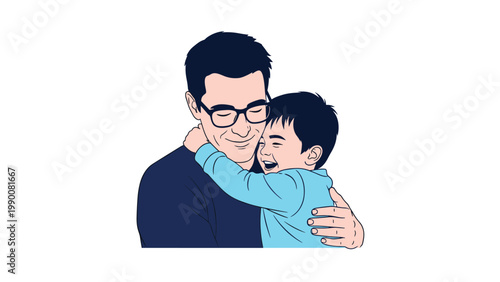 Heartwarming illustration of a loving father and his young son sharing a joyful hug expressing happiness and family bond.