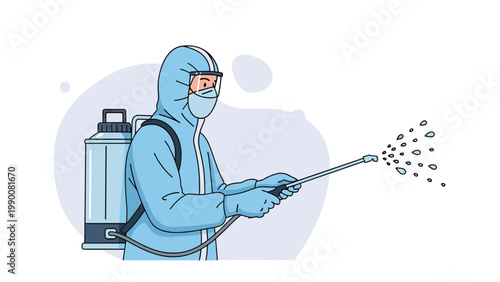 Health worker in a full protective suit spraying disinfectant to sanitize public areas and prevent the spread of viruses.