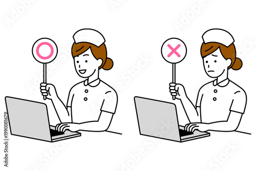 ノートパソコンを操作しながら○×マークのプラカードを掲げる女性看護師