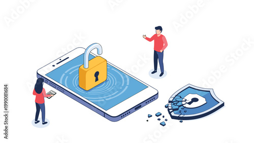 Isometric conceptual illustration of mobile security with people managing data protection and a large padlock on a smartphone.