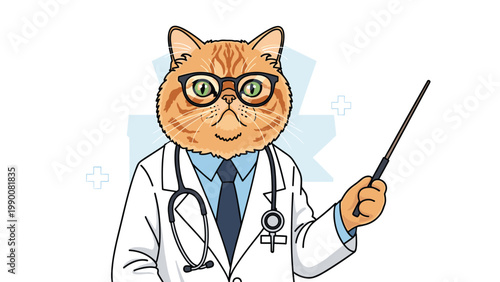 Smart ginger cat dressed as a professional doctor wearing a white lab coat and stethoscope holds a wooden pointer.