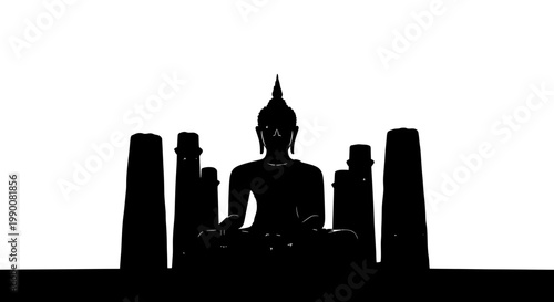 Black and white silhouette of Buddha statue in ancient ruins