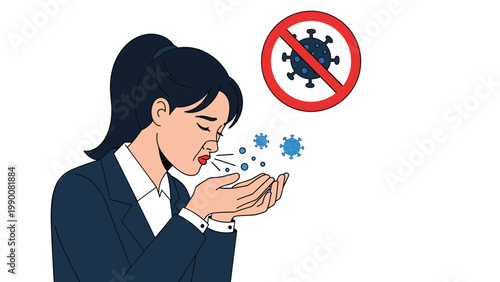Business woman in a dark suit coughs into her hands while a forbidden virus symbol appears above her in the air.