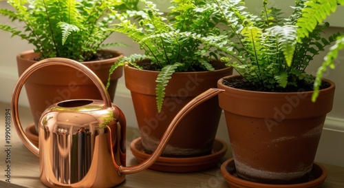 Gleaming copper watering can with long spout tending to lush green houseplants in terracotta pots
