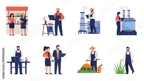 Diverse set of workers including factory staff, farmers, and business people are shown in various professional roles.