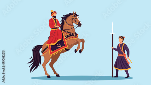 Indian royalty figure on a rearing horse encounters a soldier holding a long spear against a light blue background in flat vector style.