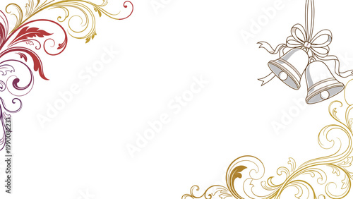 Elegant wedding background with decorative golden floral swirls and two silver bells tied with a ribbon bow in the upper right corner.