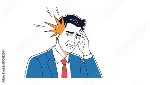 Stressed businessman in a blue suit and red tie suffers from a sharp headache or migraine represented by a orange starburst graphic.