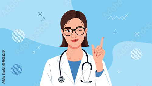 Confident female doctor in a white lab coat with a stethoscope around her neck winks and points upward against a blue geometric background.