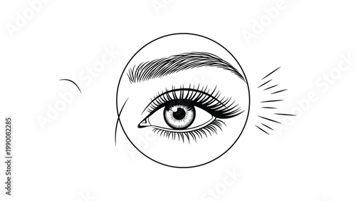Detailed black and white sketch of a human eye and eyebrow framed within a circular border with sunburst decorative elements.