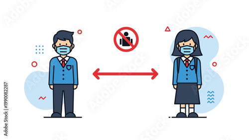 Two students in school uniforms wearing face masks and standing far apart with a red arrow indicating social distancing rules for safety.