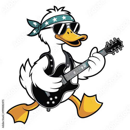 Cartoon white duck playing electric guitar wearing a bandana and sunglasses, funny rock and roll music character