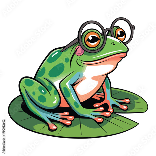 Clever green frog wearing round glasses sits on lily pad, cartoon style, whimsical illustration, represents wisdom and nature, isolated on transparent background