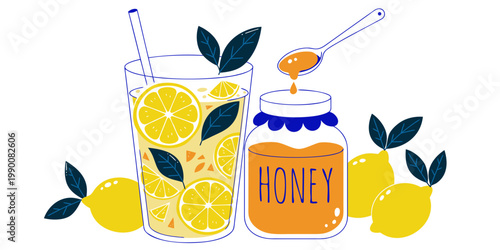Graphic illustration featuring a tall glass of fresh lemonade with lemon slices and mint leaves next to a jar of organic honey and whole lemons lemonade beverage refreshing illustration nutrition