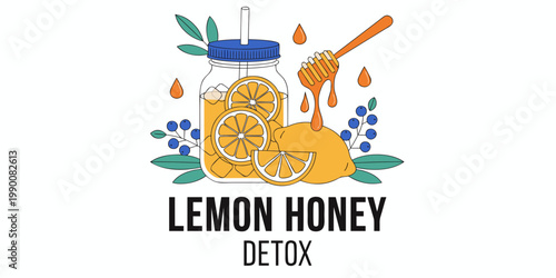 Lemon honey detox drink ingredients illustration with fruit slices berries honey dipper for healthy refreshment mason jar immune booster health benefits weight loss vitamin c flat design
