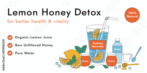 Detailed lemon honey detox drink infographic with ingredients health benefits natural hydration elements raw honey pure water lemon juice honey jar water bottle immune system vitamin