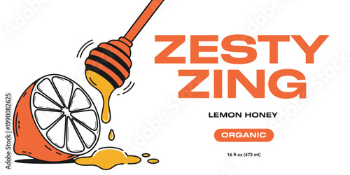 Organic lemon honey product label design featuring a honey dipper and sliced lemon graphic illustration for food packaging illustration ingredient beverage packaging template branding isolated