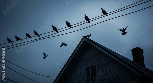 Flock of pixelated birds perched on power lines above a silhouetted house, dusk scene with a slightly eerie atmosphere