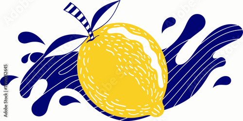 Yellow lemon with a blue splash stylized graphic illustration of a fresh citrus fruit with dynamic liquid elements for drinks and healthy lifestyle concepts vitamin c organic food cooking ingredie