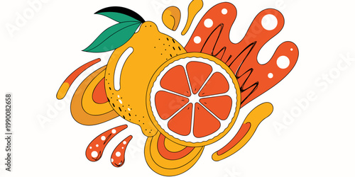Whole and sliced grapefruit with green leaves and abstract orange and red liquid splash shapes stylized graphic illustration of citrus fruit for healthy designs vitamin c organic food cooking ingr