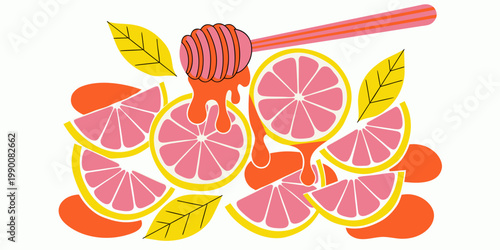 Stylized graphic illustration of a honey dipper dripping sweet orange liquid over fresh pink grapefruit slices and yellow leaves with grapefruit illustration ingredient culinary breakfast