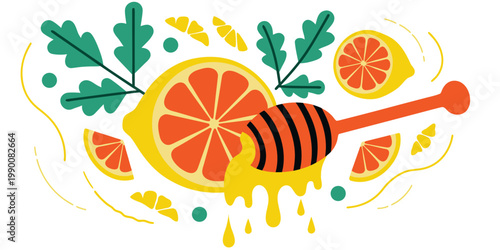 Flat vector graphic of golden honey dripping from a wooden dipper onto orange citrus slices surrounded by green leaves and decorative dots with illustration ingredient culinary nutrition breakfast