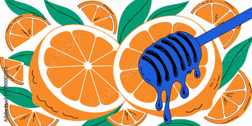 Creative graphic art featuring a bold blue honey dipper dripping onto bright orange citrus fruit slices with green leaves on a white background contrast illustration ingredient culinary nutrition