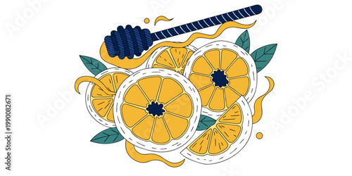 Stylized line art illustration of a navy blue honey dipper with yellow syrup swirling over round citrus fruit slices and green leaves illustration ingredient culinary nutrition beekeeping