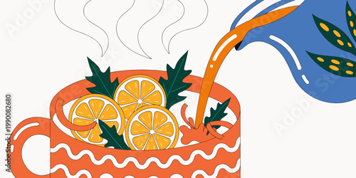 Illustration of hot herbal tea being poured from a blue pitcher into an orange patterned mug with fresh citrus slices and green leaves beverage breakfast refreshment infusion aromatic background