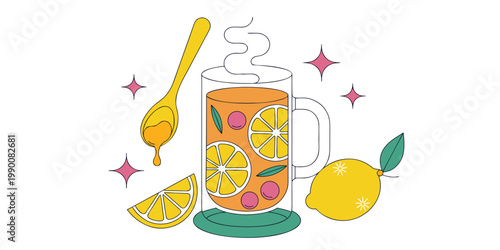 Hot healthy tea in a tall glass mug with lemon slices and berries accompanied by a wooden honey spoon and fresh whole lemon beverage wellness sweetener infusion refreshment background medicine