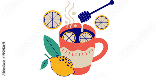 Hand drawn illustration of steaming hot tea in a decorative mug with lemon slices and honey dripping from a wooden dipper beverage wellness breakfast background illustration infusion medicine