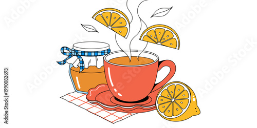 Cozy tea time illustration featuring a red cup on a saucer with a honey jar and floating lemon slices on a white background beverage wellness breakfast background illustration checkered