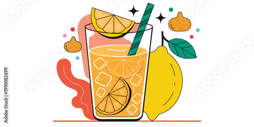 Refreshing iced lemon and honey tea illustration featuring a glass with citrus slices a striped straw and artistic abstract shapes and fruit elements in a flat design beverage refreshment lemonade