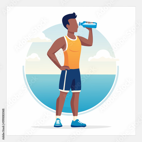 Man Hydrating After Workout by the Sea.