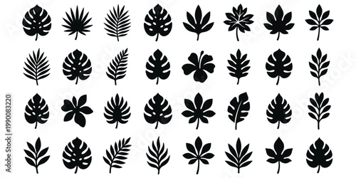 Minimal leaf icon set with diverse plant shapes and organic forms. Clean vector silhouettes ideal for logos, packaging, and environmental designs.