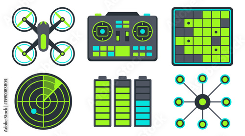 Collection of modern technology icons including a drone, remote control, radar, batteries, and network diagram.