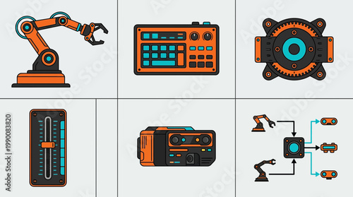 Set of industrial automation icons including robotic arm, control panel, and machinery components.