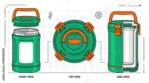 Illustration of a green and orange insulated food container shown from front, top, and side views with cutaway detail.