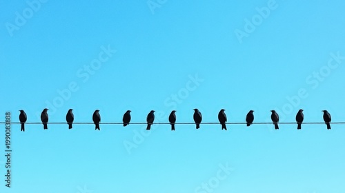 birds sitting on a power line against a clear blue sky