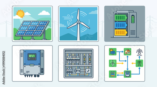 Set of illustrations depicting renewable energy sources and systems, including solar panels, wind turbines, batteries, inverters, and grid connections.