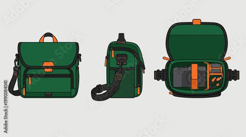 Green camera bag with orange accents shown from three different angles, including an open view revealing camera gear inside.