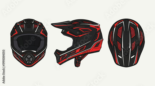 Illustration of a black and red motocross helmet shown from three different angles: front, side, and top.