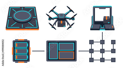 Futuristic technology concepts including a drone, charging station, and network grid.