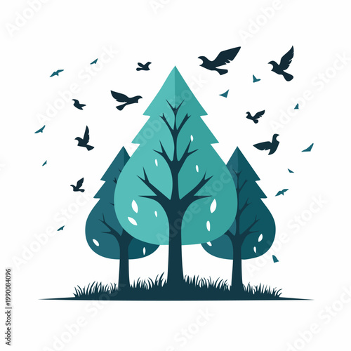 Minimalist Forest Landscape with Flying Birds and Green Trees.