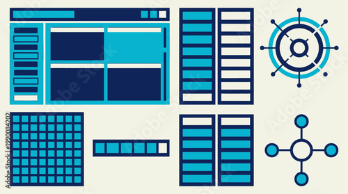 Abstract digital interface elements and futuristic dashboard icons in shades of blue and dark blue.