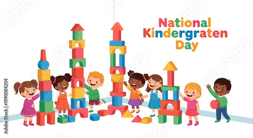 A cheerful vector illustration celebrating National Kindergarten Day, showcasing a group of diverse children playfully interacting with colorful building blocks in a bright and inviting