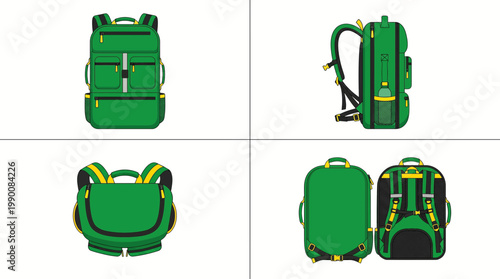 Set of green backpacks shown from different angles, isolated on a white background.